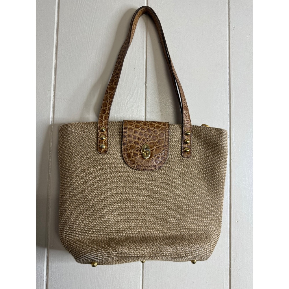 Eric Javits Tote Bag Women's Woven Straw Croc Embossed Leather Trim Gold Accents